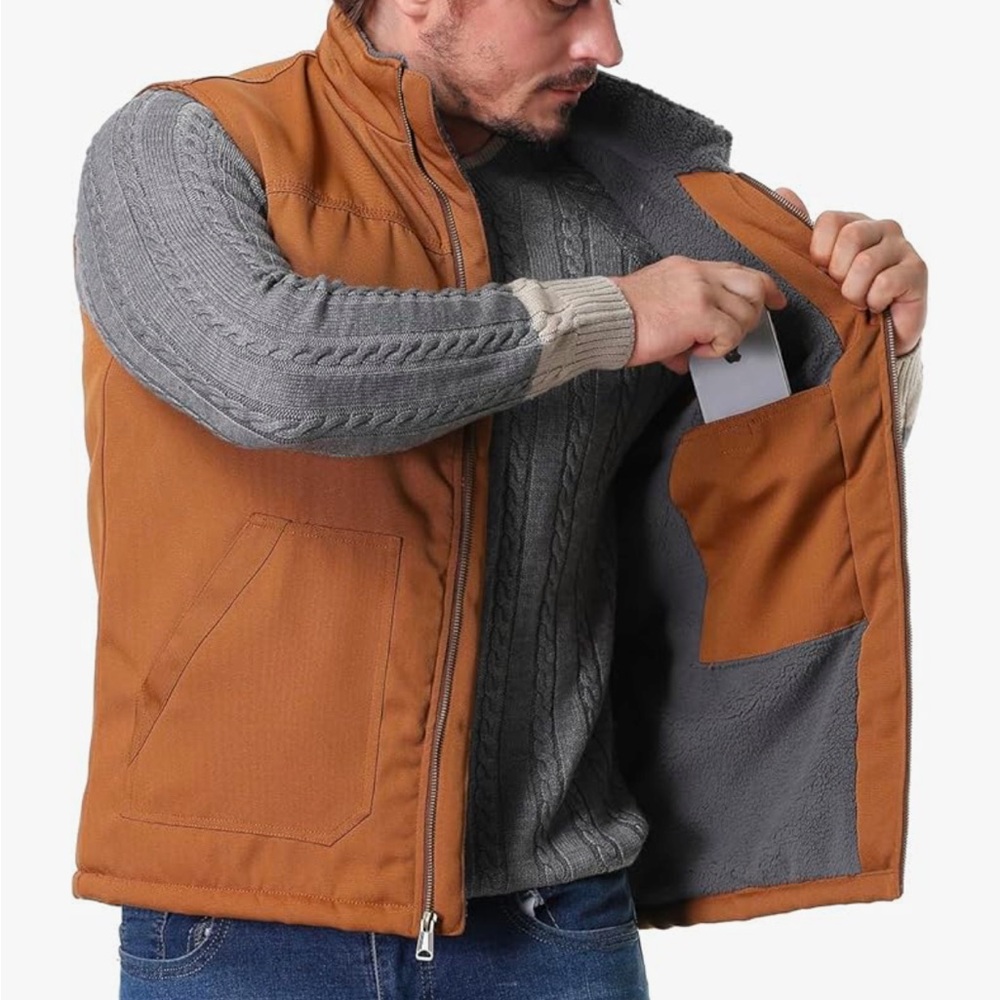 Men's Loose Fit Workwear Vest Fleece-Lined Durability Waterproof Mock-Neck Vest - Picture 3 of 16